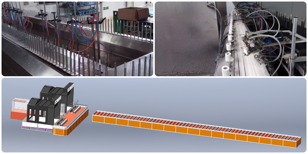 Ground rail vs overhead spray line comparison showing floor mounted carts and overhead chain conveyor